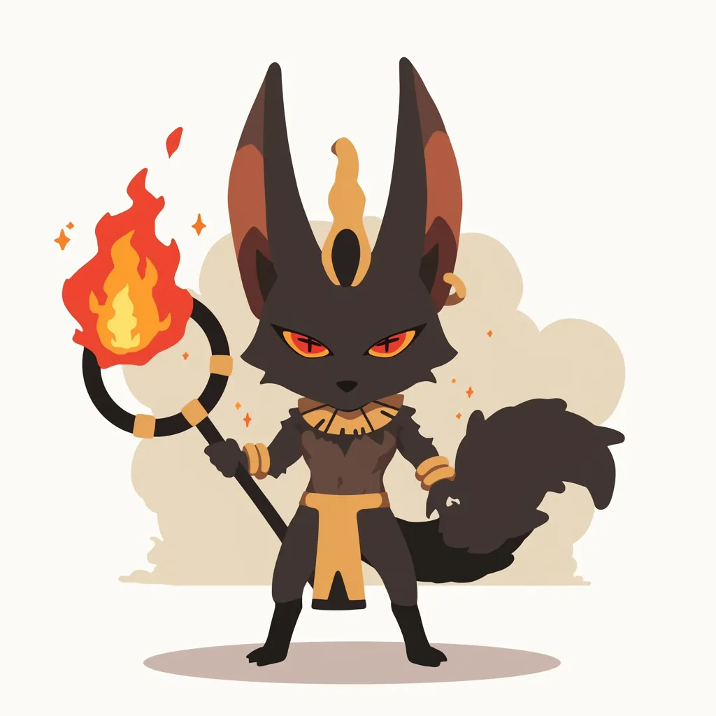 火炎を操るセト｜炎の杖を手にした姿が神秘的で、狐のような顔立ちと鋭い瞳が異質な存在感を放つ。セトの混沌を鮮烈に表現している。