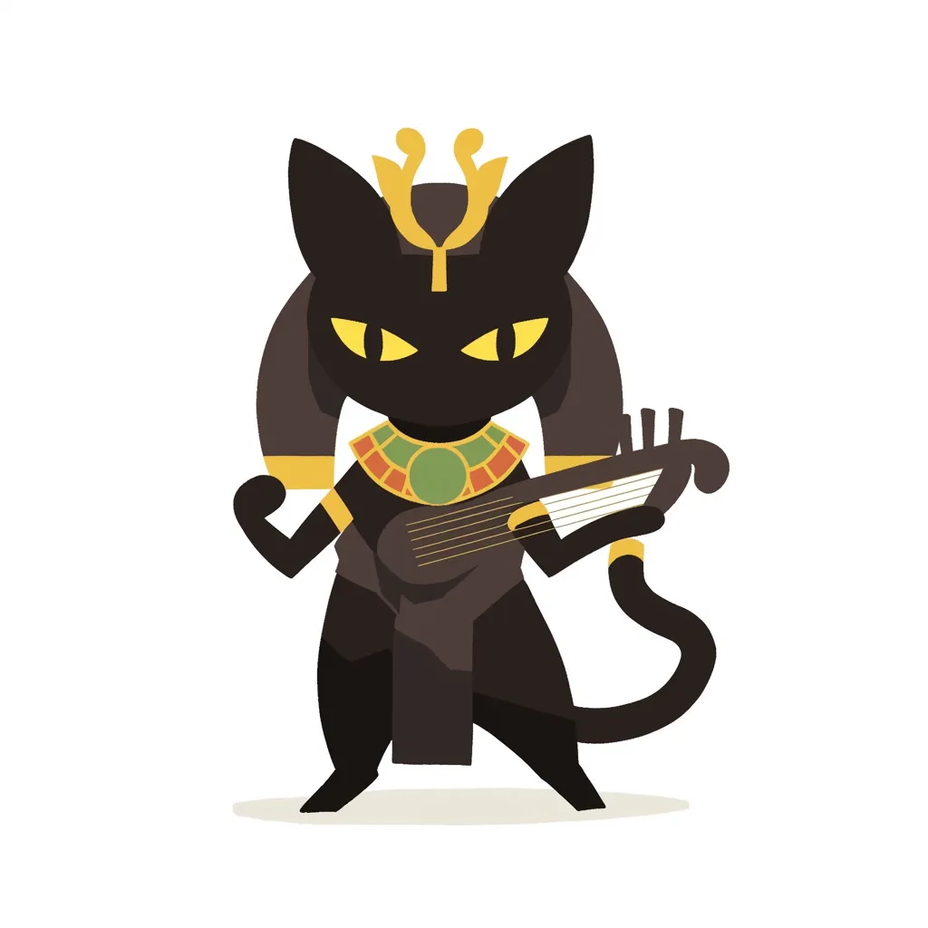 楽器を奏でるバステト｜王冠と首飾りが神性を示し、弦楽器を奏でる姿が芸術性と信仰を融合させる。バステトの守護と豊穣を象徴的に表現している。