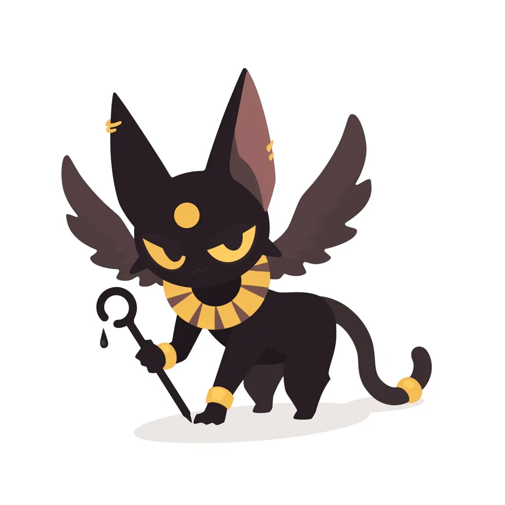 翼を持つ神秘のバステト｜背に広がる翼と月の紋章が夜の神秘を表現し、鋭い眼差しが神聖さを際立たせる。バステトの守護力と魔力を強調した造形。