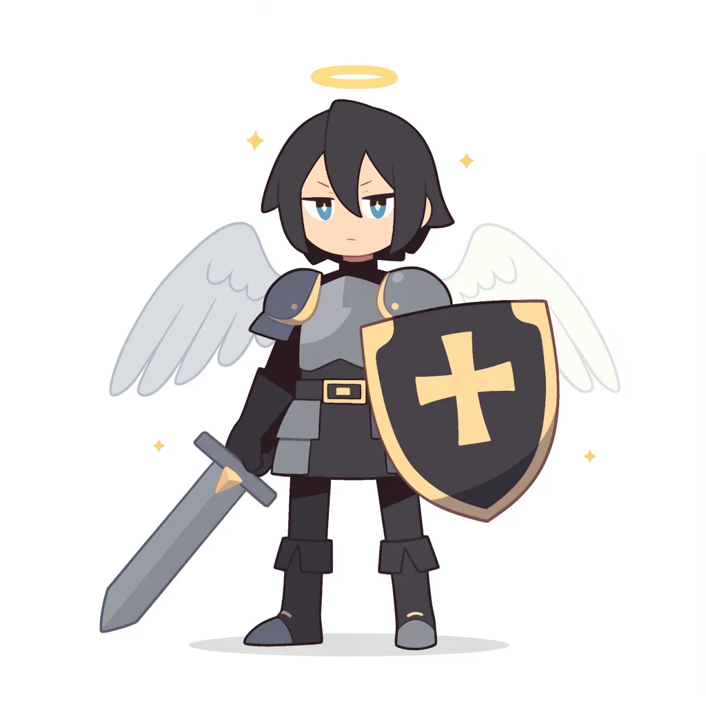 黒装のミカエル｜漆黒の装束に白翼を合わせた対比が印象的で、伝説の存在を冷静な戦士として表現。盾に刻まれた十字がミカエルの使命感を強調している。