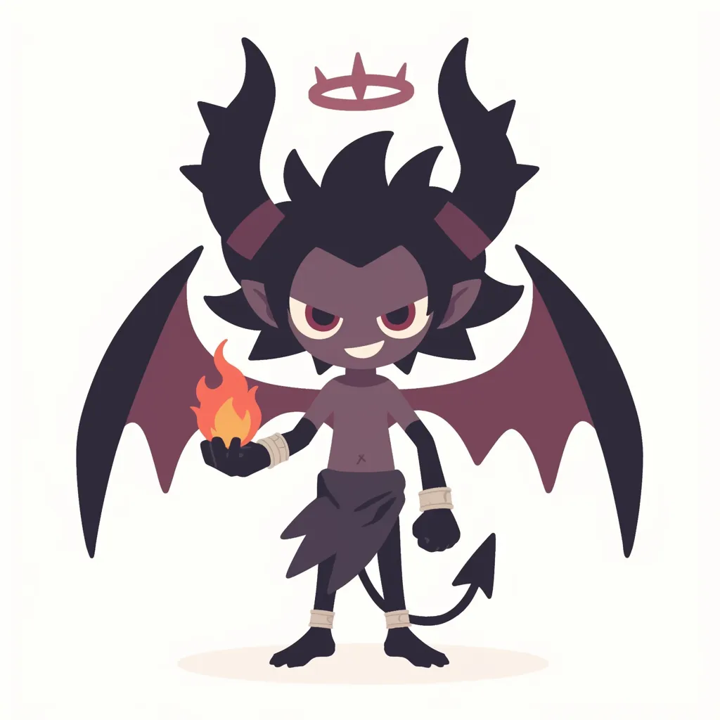 炎を操るルシファーの小悪魔像｜シンプルなデフォルメ表現で描かれた姿は、炎を操る存在としての威厳を漂わせつつも愛嬌を持ち、ルシファーの二面性を可愛らしい悪魔像に落とし込んでいる。