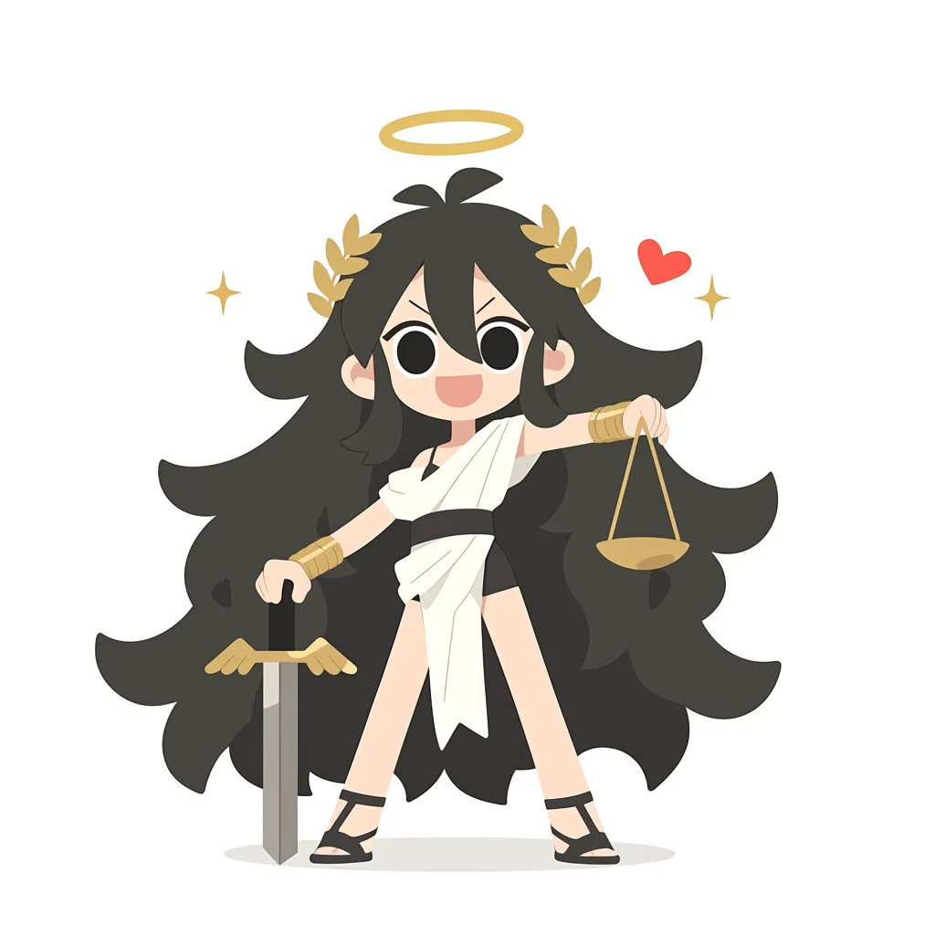 正義を掲げるテミス女神|天秤と剣を共に構える姿が印象的で、伝説の存在テミスを希望と秩序の象徴として親しみやすく表現しています。