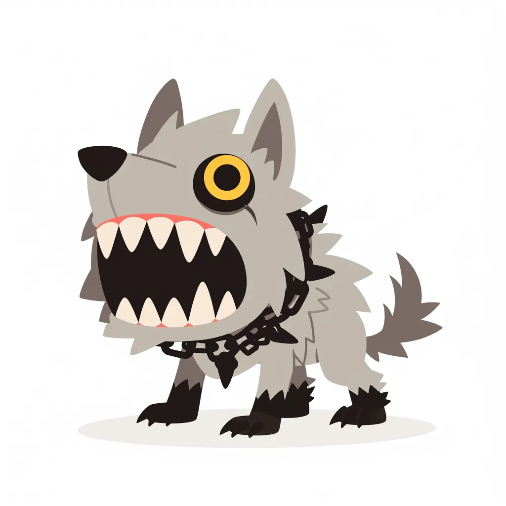 フェンリル大口の灰色狼｜不釣り合いなほど大きな口が異様さを際立たせる。伝説の存在をデフォルメした造形で描き、フェンリルの神秘性と恐怖を同時に表現している。