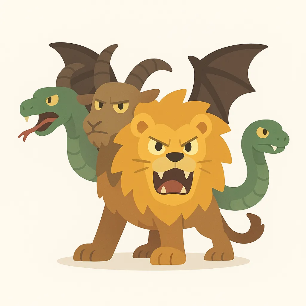 多頭合成獣を描いたキマイラ｜獅子・山羊・蛇を組み合わせた姿を柔らかな線と色彩で表現し、恐怖の象徴を親しみやすいデザインへ変換している。伝説の存在キマイラを独自の造形美で再構築し、神話的迫力を可愛さに置き換えている。