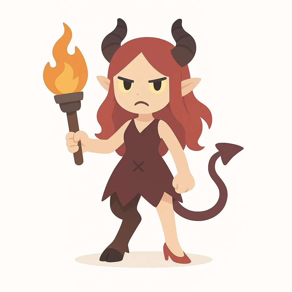 松明を掲げる女悪魔エンプーサ｜片足が獣、片足が人間という特徴を強調し、松明を持つ姿をシンプルに表現している。伝説の存在エンプーサをデフォルメで描き、怪異性を親しみやすさに変換している。