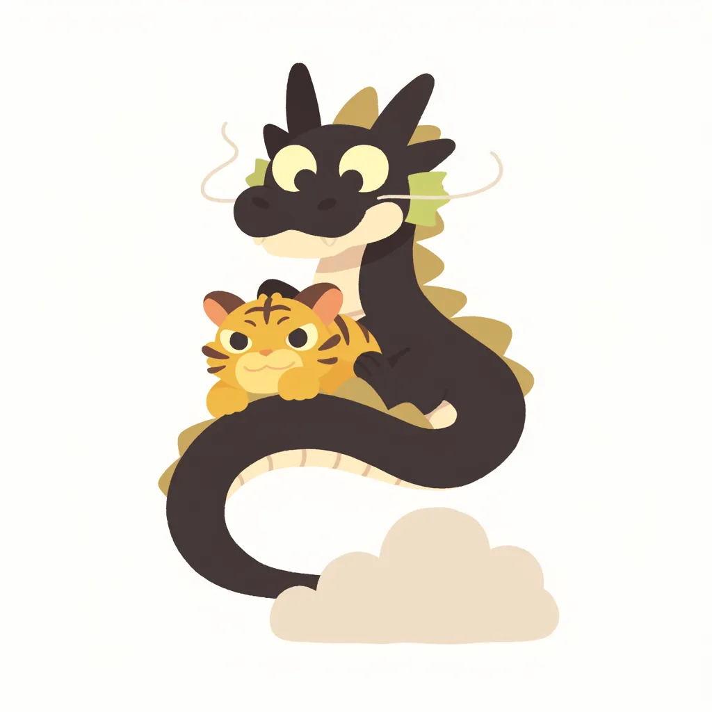 龍虎と雲に乗る黒竜と虎｜黒竜が雲の上で虎を抱く龍虎は、柔らかな曲線と温かみのある造形で描かれている。守護と共存を象徴するデザインが伝説を穏やかに再解釈している。