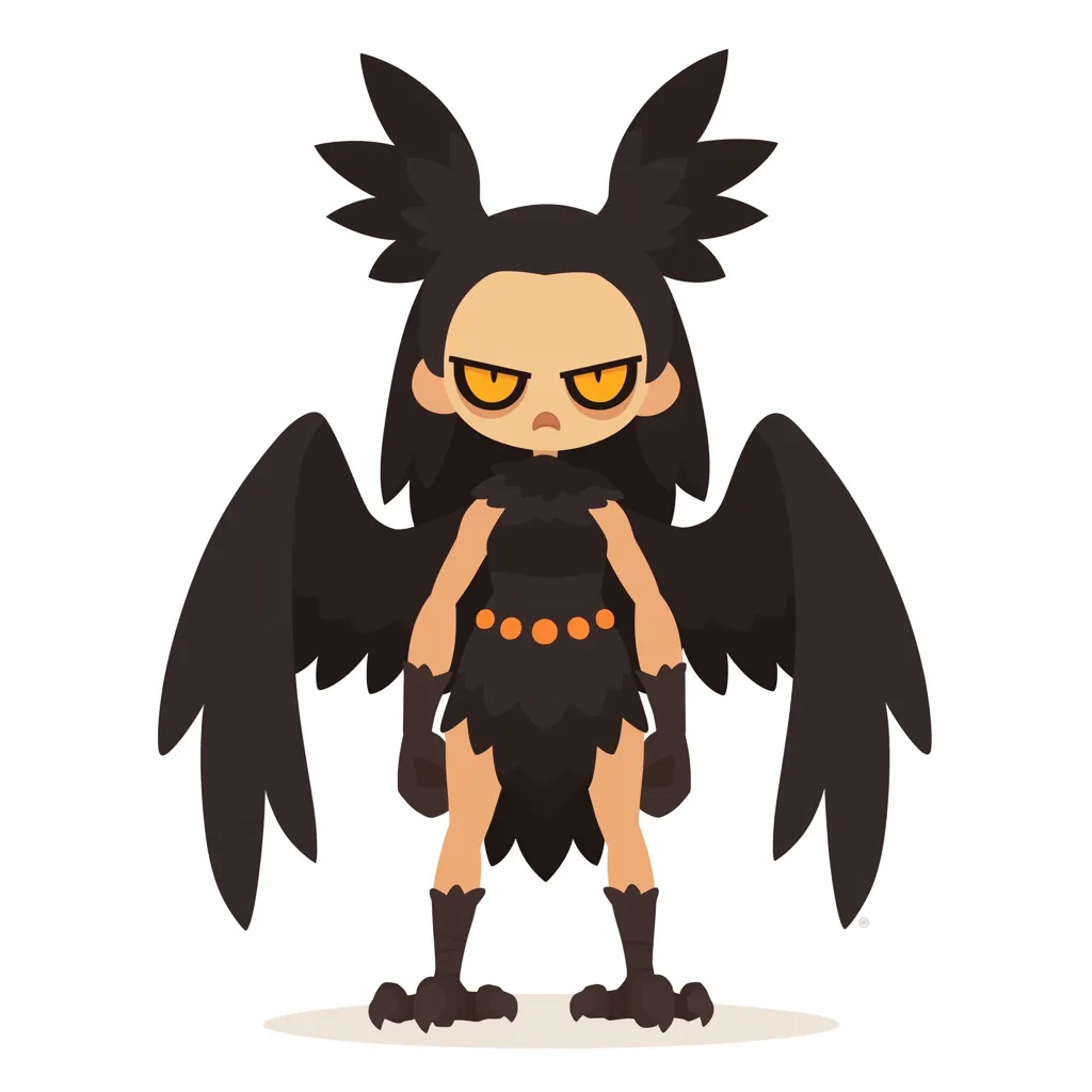 黒翼の冷静なハーピー｜全身を黒で統一し、鋭い眼差しと凛とした姿が際立っている。伝説の存在ハーピーをスタイリッシュに再解釈し、威厳と神秘性を兼ね備えたデザインとなっている。