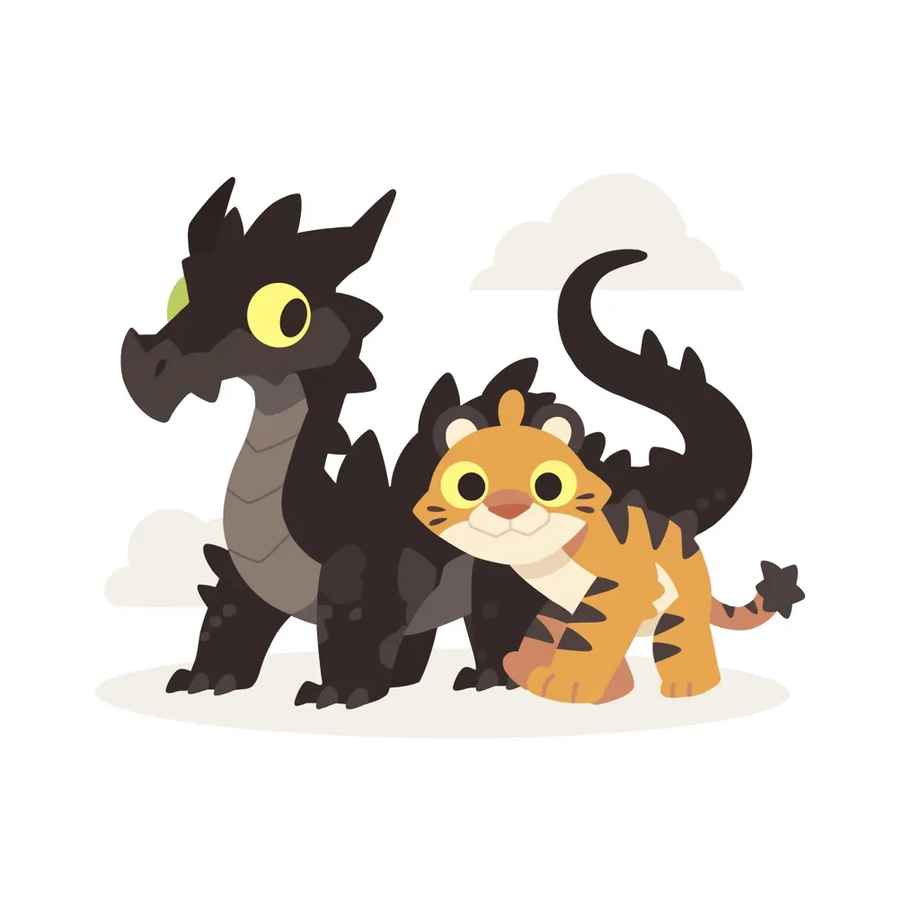 龍虎と寄り添う黒竜と虎｜仲良く並ぶ龍虎は、親しみやすいフォルムの中に絆を表現。背景の雲とともに伝説の存在を優しくデフォルメ化し、調和の象徴として描かれている。