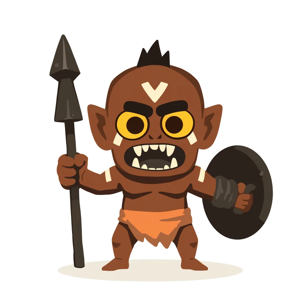 戦士のピグミー｜槍と盾を掲げ大きな口を開ける姿が勇猛さを示し、顔の白い模様が戦の儀式性を強調する。ピグミーの戦闘民族的解釈である。