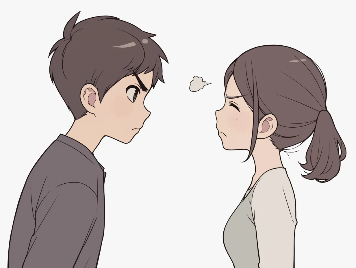 話し合いをするモノクロキャラクター｜シンプルな線画で、二人が会話している様子を表現したイラスト。表情はミニマルながらも、対話の雰囲気がしっかり伝わるデザイン。