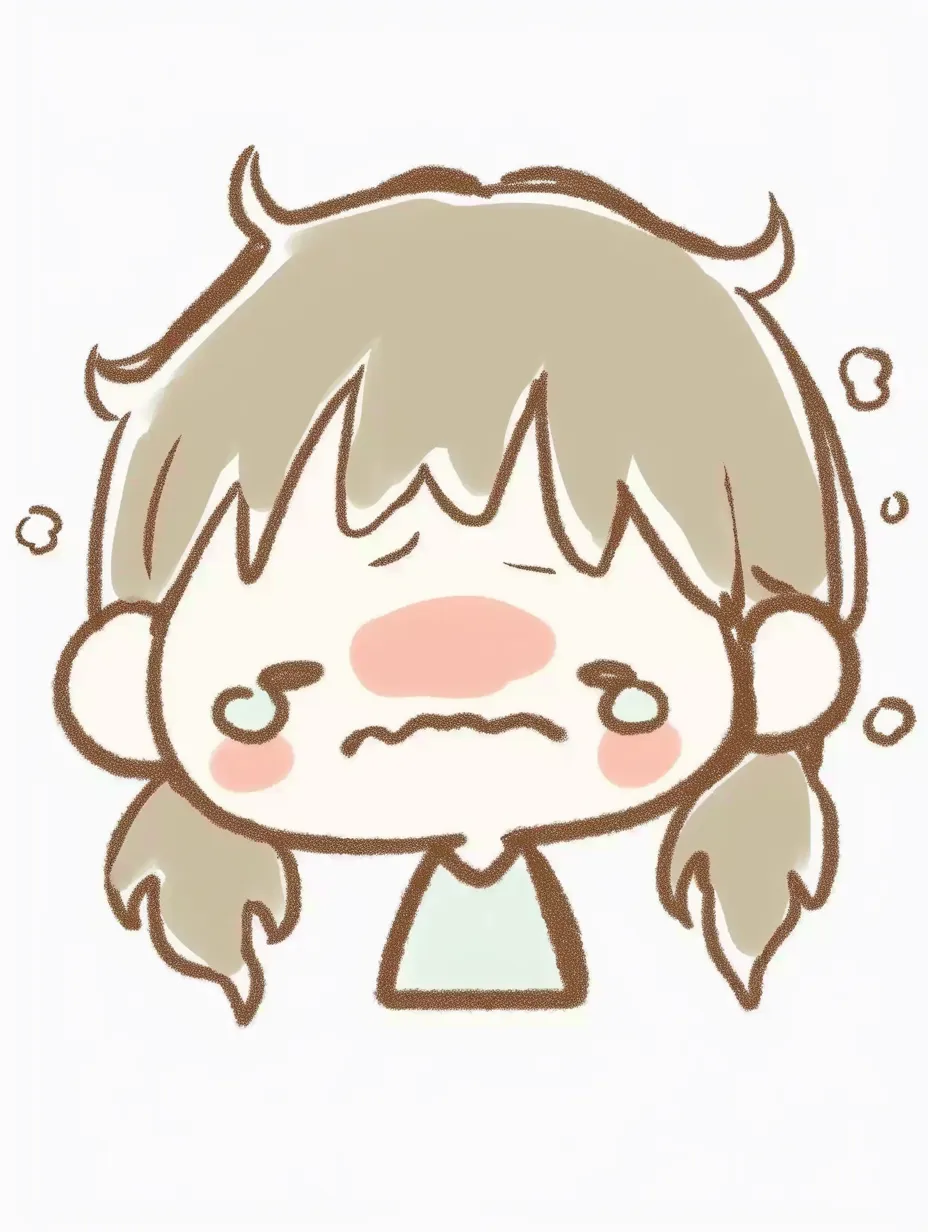 苦しい顔のしょんぼりする女の子｜デフォルメされた可愛らしいタッチのイラスト。小さな体でしょんぼりと肩を落とし、涙をこらえる姿が特徴的。苦しい顔の幼さと哀愁が感じられる。