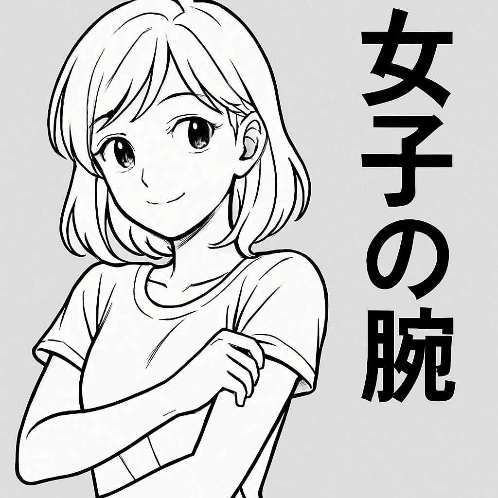 女子の腕の描き方｜肩から手首にかけての細やかな曲線を意識し、柔らかくしなやかな印象を出す。袖をまくる仕草や手を頬に添えるポーズを取り入れると、腕の動きが自然に引き立つ。肘の角度をやや曲げることで女性らしい優しさが出やすく、視線が腕のラインに集中する。顔の情報は最小限にし、腕を主役にする構図設計が重要。