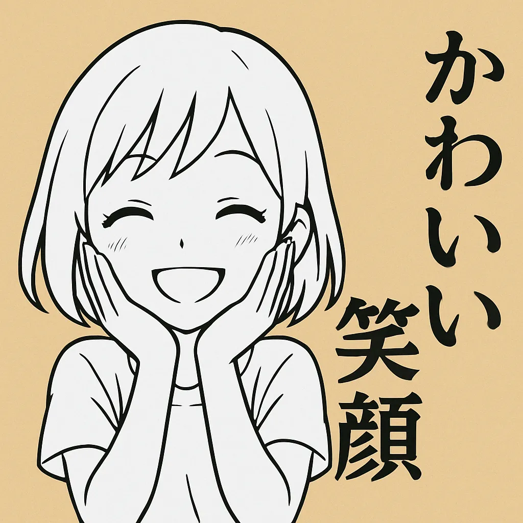 かわいい笑顔の描き方｜目をやや細めて口角を高く上げると優しい笑顔が生まれる。上まぶたを丸く描き、頬に少しふくらみを持たせると柔らかい印象に。両手を軽く頬に添える仕草を加えると、無邪気さやあどけなさが引き立つ。視線は正面で固定し、笑顔の明るさがダイレクトに伝わる構図を意識する。