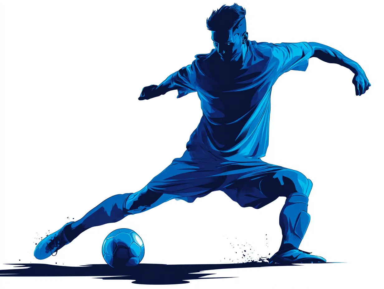 ブルーシルエットのサッカーアクション｜躍動的なポーズでボールを蹴り出すサッカー選手の瞬間を捉えたブルーシルエットのイラスト。鋭い動きと張り詰めた緊張感を強調する構図と配色が印象的です。