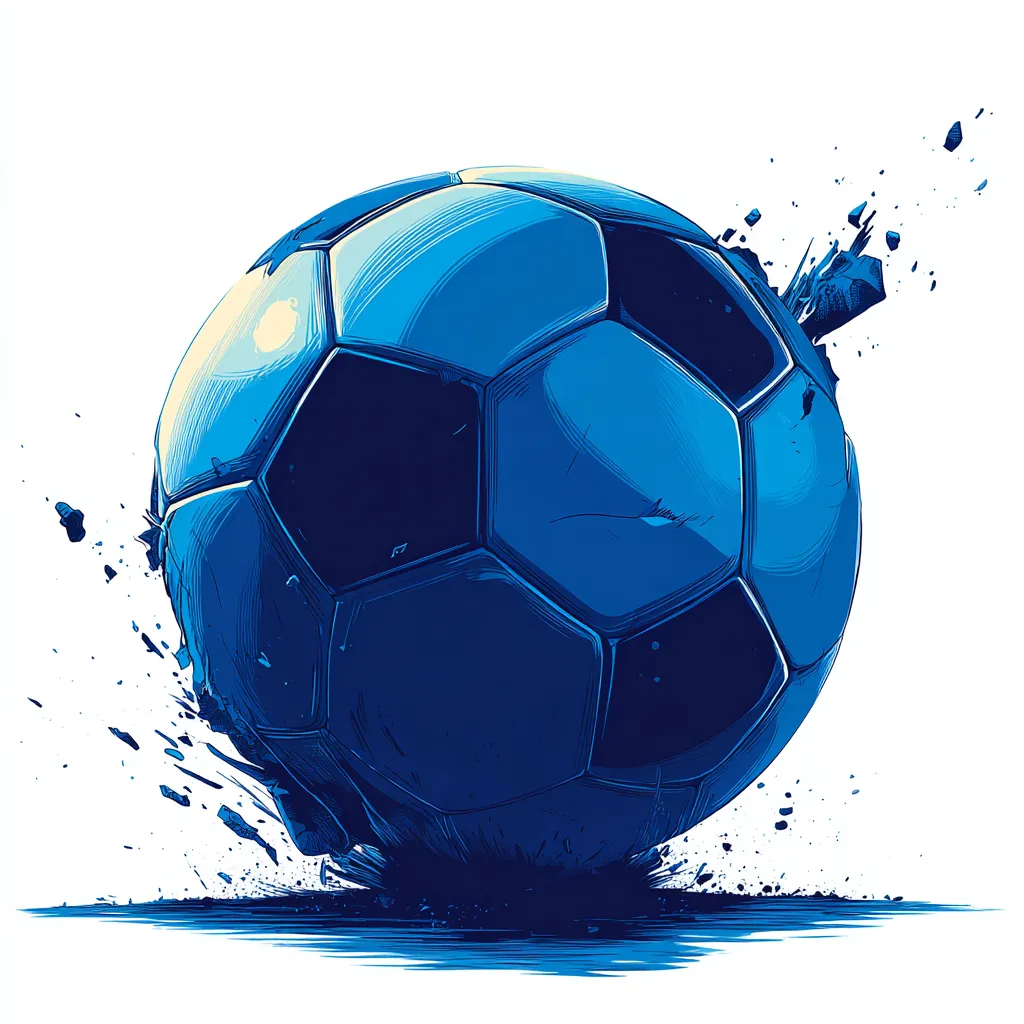 ブルーシルエットのサッカーボール｜勢いよく弾け飛ぶサッカーボールを大胆な構図で描いたブルーシルエットの作品。エッジの効いた線と飛び散る破片が、ダイナミックなエネルギーを感じさせます。