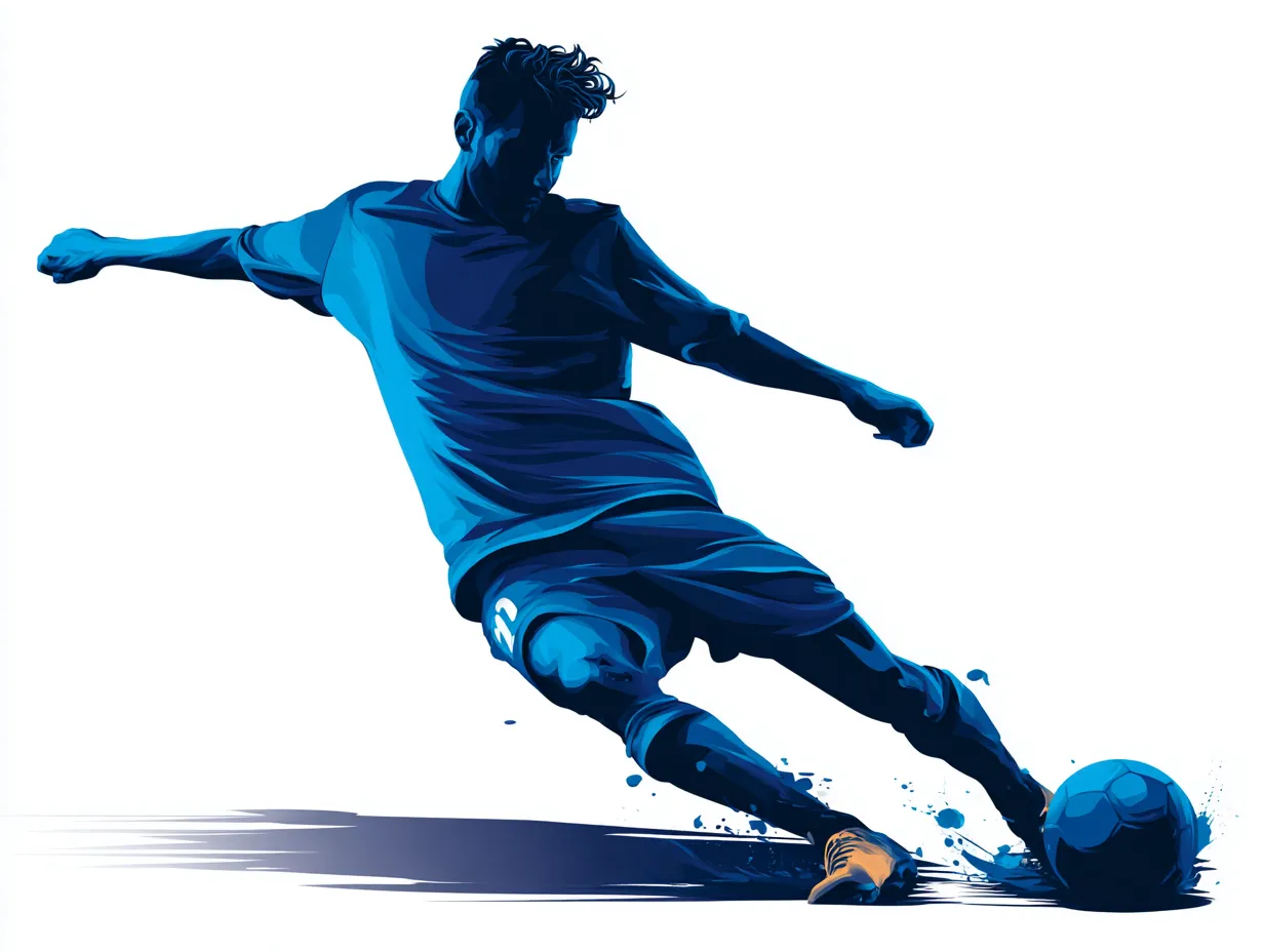 ブルーシルエットのパワーキック｜力強いキックモーションを捉えたブルーシルエットのサッカーイラスト。体のひねりとボールとの接触表現が生む緊張感が、視覚的にスピードと熱量を伝えます。