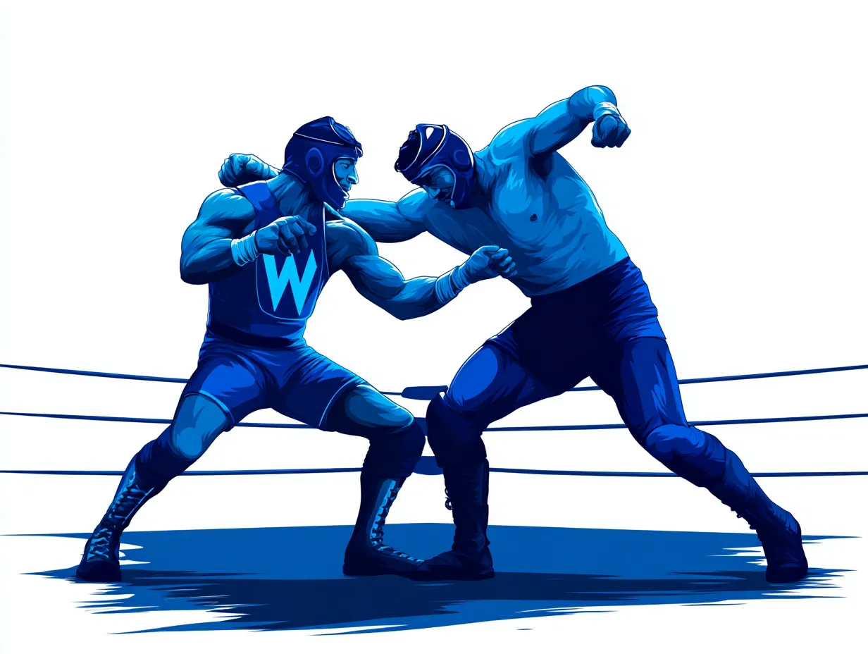 ブルーシルエットのプロレス対戦｜マスク姿の選手同士が拳を交える様子を描き、ファンタジックな世界観とリアルな動きが融合。ブルーシルエットの技法が緊張と興奮の舞台を際立たせています。