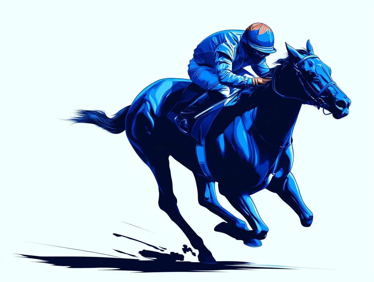 ブルーシルエットの競馬横向き｜疾走する馬と騎手を横から捉えたブルーシルエットの一枚。しなやかな筋肉と風を切るような動きが印象的なビジュアルです。