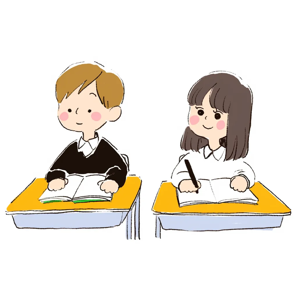小学校授業・楽しそうに勉強する男女の生徒｜柔らかな線と温かみのある色使いが特徴のイラスト。小学校授業の中で、隣同士の生徒が和やかな雰囲気の中、ノートを取りながら学習に取り組んでいる様子を表現している。