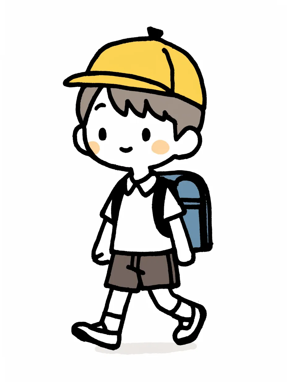 小学校登校する元気な男の子｜はっきりとした線と温かみのある色合いで、黄色い帽子をかぶり笑顔で小学校登校する男の子を描写。明るく爽やかなデザインが登校の楽しさを伝えている。