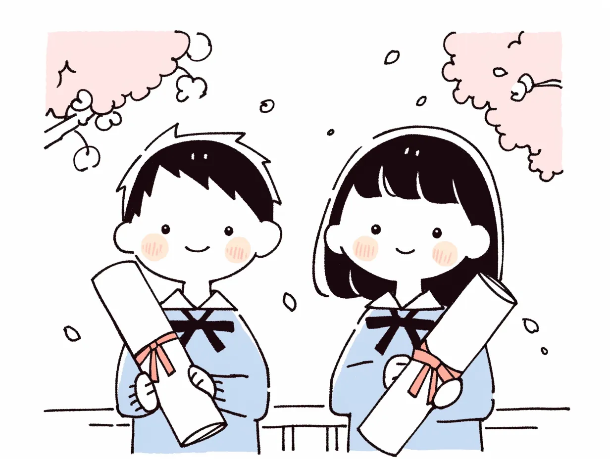 小学校卒業の桜咲く記念写真｜桜の花びらが舞う中、制服姿の男の子と女の子が卒業証書を手に並ぶイラスト。淡い線とシンプルな配色が上品な仕上がり。小学校卒業の感動を表現した、優しく穏やかなデザイン。
