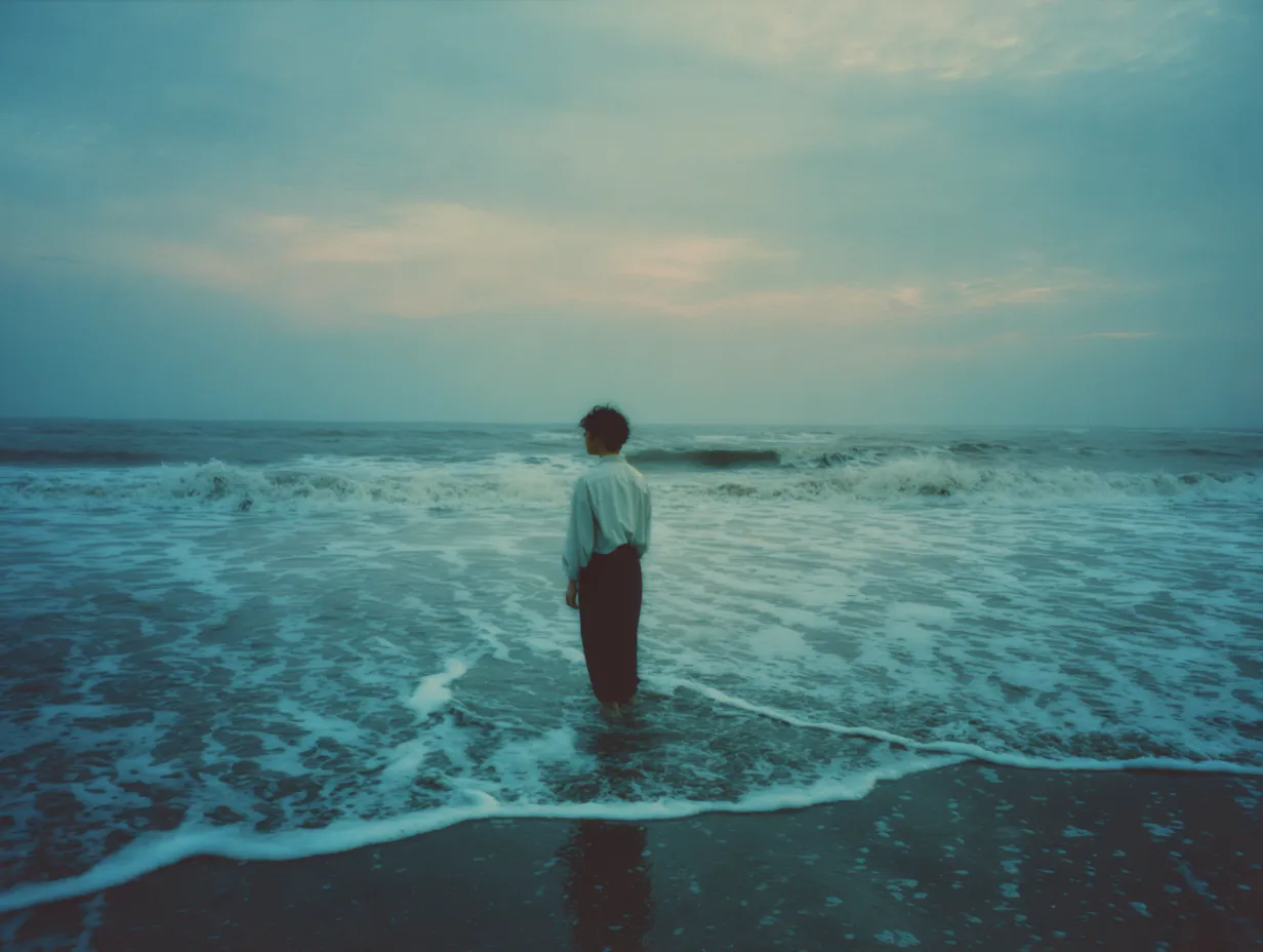 海辺に立つ人のエモい画像｜淡い夕暮れの光に包まれた海辺に一人佇む姿が映し出され、静けさと孤独感を演出しています。エモい画像として広告やポスター素材に活用しやすく、観る人の感情を揺さぶる印象的な構図です。