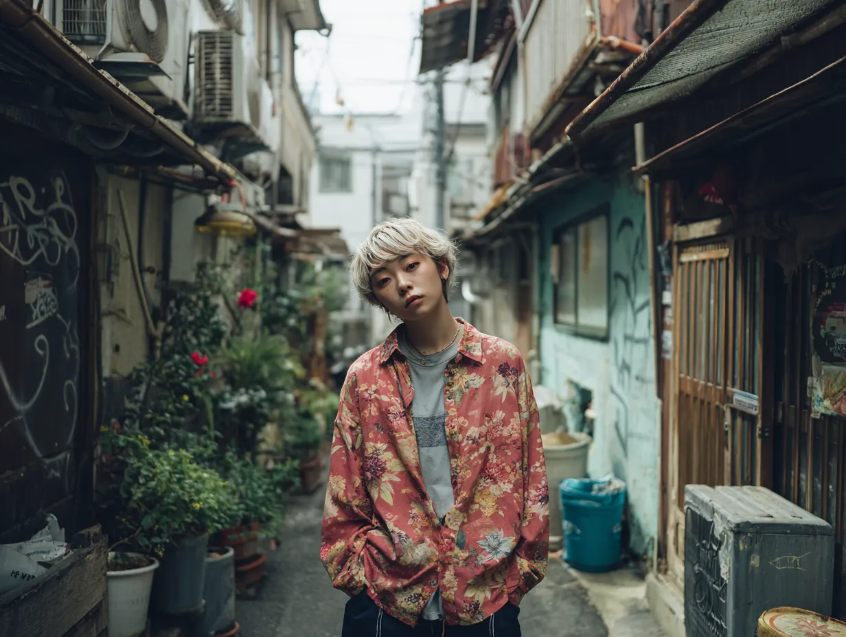 路地裏に立つ男性のエモいおしゃれ画像｜レトロな路地裏で花柄のシャツを着こなす人物が印象的で、ストリート感と個性を強調しています。エモいおしゃれ画像としてファッション誌やカルチャーメディアに適しています。