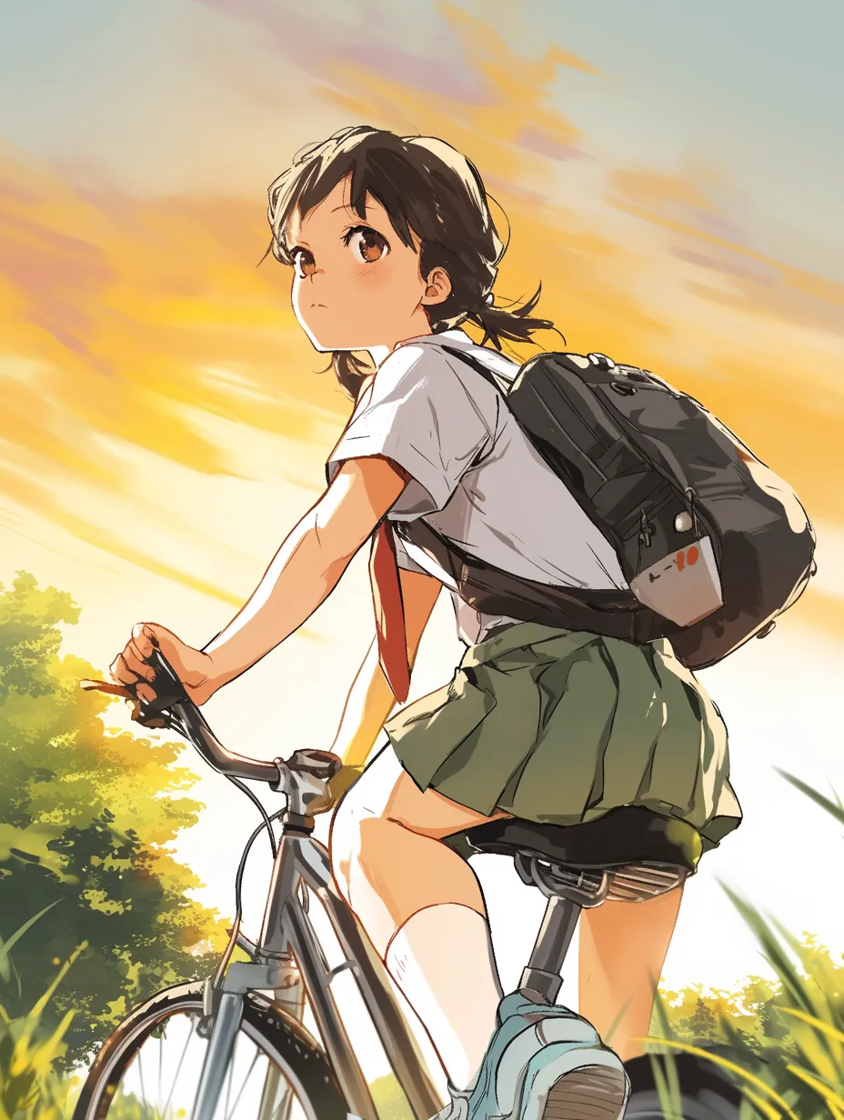 エモいレトロ自転車に乗る女子学生｜夕焼けの光と風を感じさせる動きのある構図が印象的なビジネス写真素材です。エモいレトロな雰囲気を演出し、広告や雑誌のカットに活用できます。