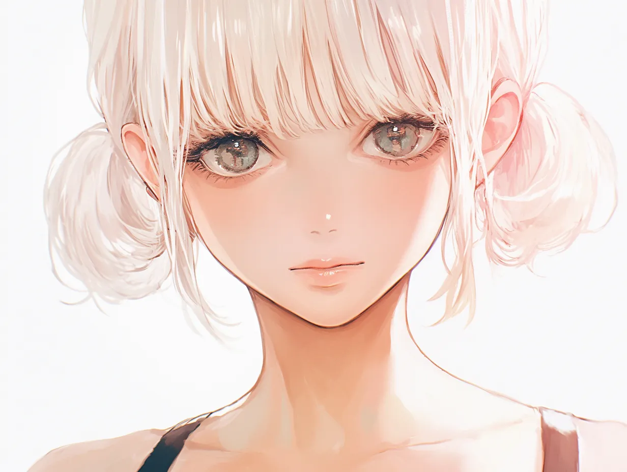 エモい女の子白髪ツインテール｜透明感のある白髪と大きな瞳が印象的で、繊細な光表現が映えるビジネス写真素材です。エモい女の子をテーマにしたデザインに適し、広告やイラスト素材に活用できます。