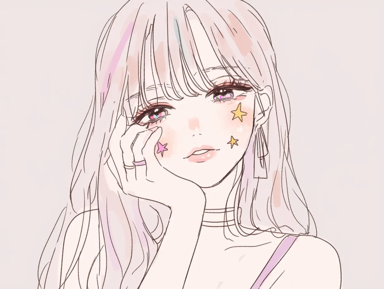 エモい女の子星モチーフメイク｜シンプルな線画に淡い色彩を重ね、星のモチーフがアクセントとなったビジネス写真素材です。エモい女の子らしい可憐さがあり、ファッション系やSNS広告に効果的です。