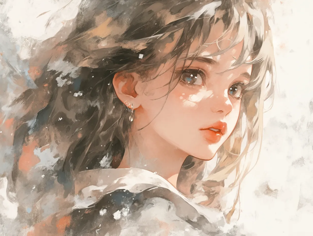 エモい女の子振り返る表情｜水彩画のような質感で描かれ、光と影のコントラストが印象的なビジネス写真素材です。エモい女の子の感情を表現し、広告やパッケージデザインに適しています。