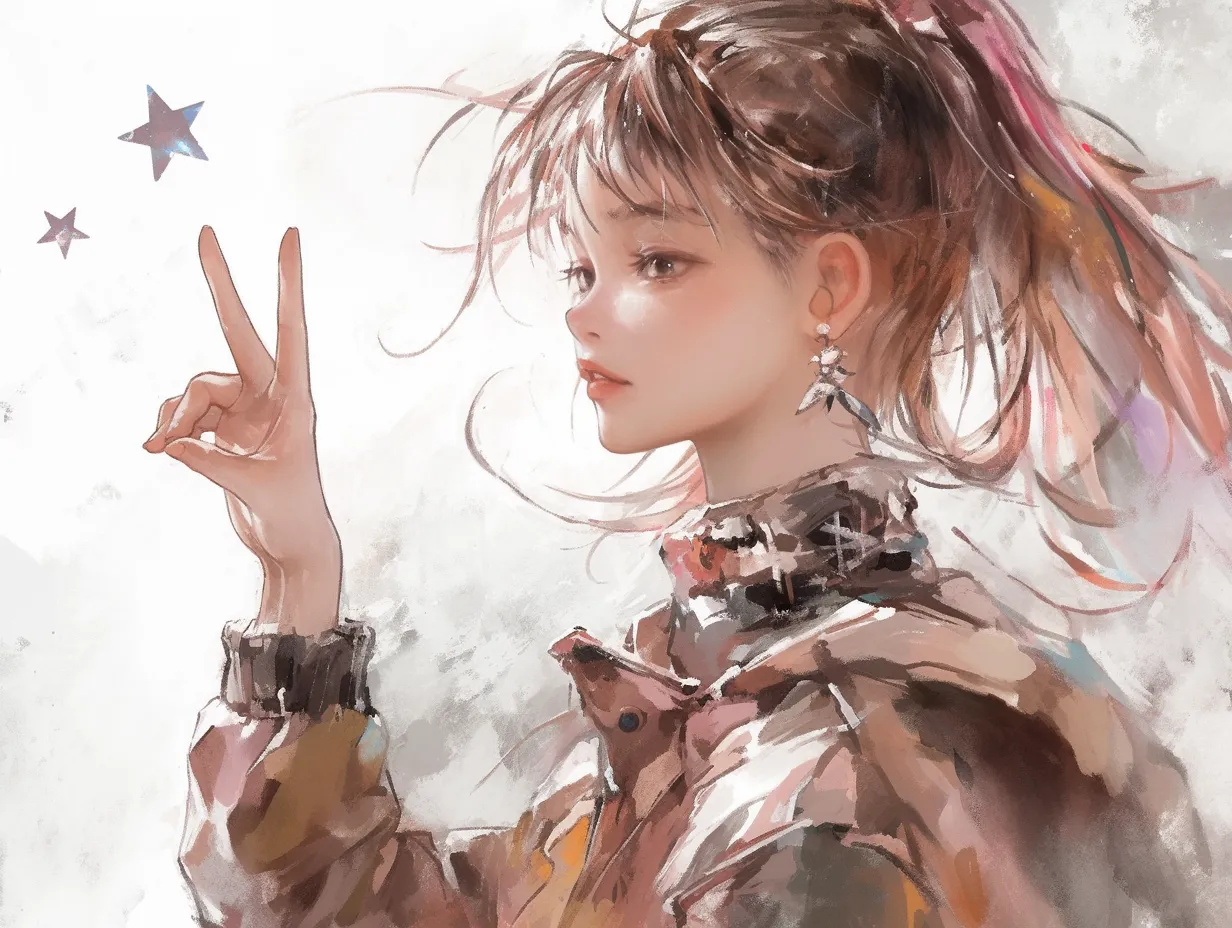 エモい女の子ピースサイン｜柔らかな筆致と鮮やかな色合いが融合し、遊び心のある仕草を強調したビジネス写真素材です。エモい女の子の存在感がSNSや映像関連デザインに映えます。