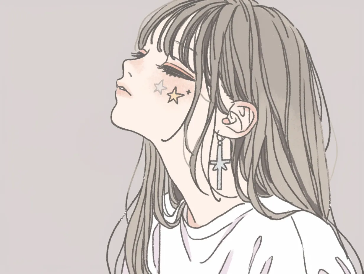 エモい女の子横顔のシルエット｜シンプルな線画と星モチーフが調和し、落ち着いた印象を与えるビジネス写真素材です。エモい女の子を象徴する静かな魅力が雑誌やイラスト広告に適しています。
