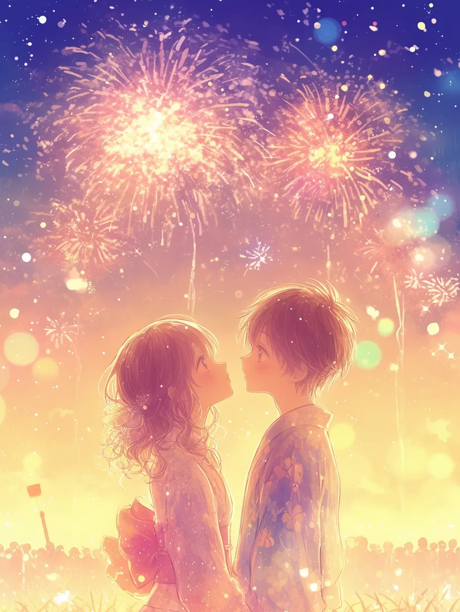 エモい青春と花火大会の二人｜柔らかな夕景色と花火が重なり、浴衣姿の二人を幻想的に照らす構図。エモい青春を象徴する温かなトーンが印象的で、広告や恋愛系ビジュアルに活用しやすい素材です。
