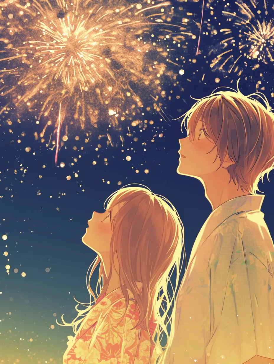 エモい青春を彩る夏祭り｜夜空に広がる花火を見上げる二人の後ろ姿を描き、視線の先に輝く光が未来を象徴。エモい青春のひとときを切り取ったような画風で、イベント告知などに適します。