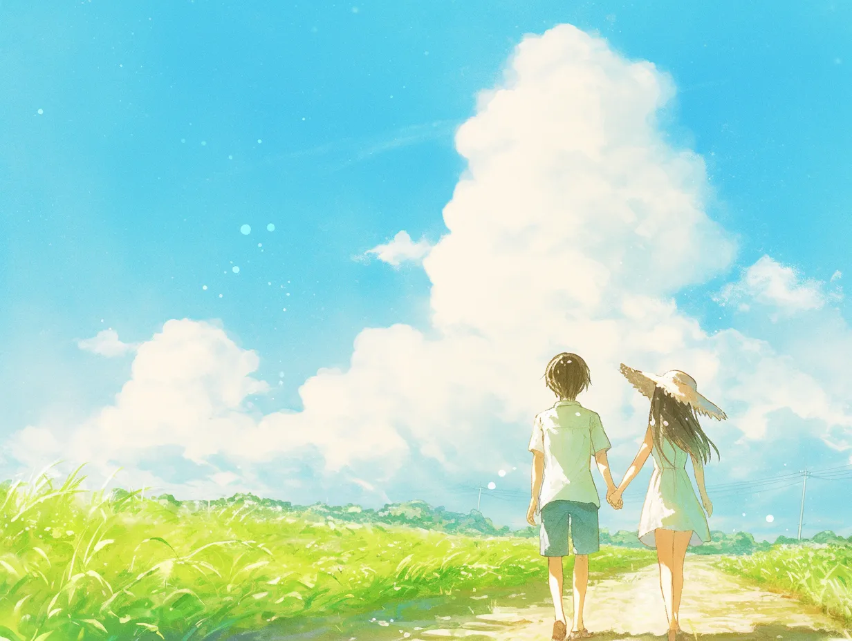 エモい青春と青空の二人｜広大な青空と白い雲の下、手をつないで歩く二人を描いた清涼感ある表現。エモい青春の爽やかさを前面に押し出し、旅行や夏の販促素材にも応用できます。