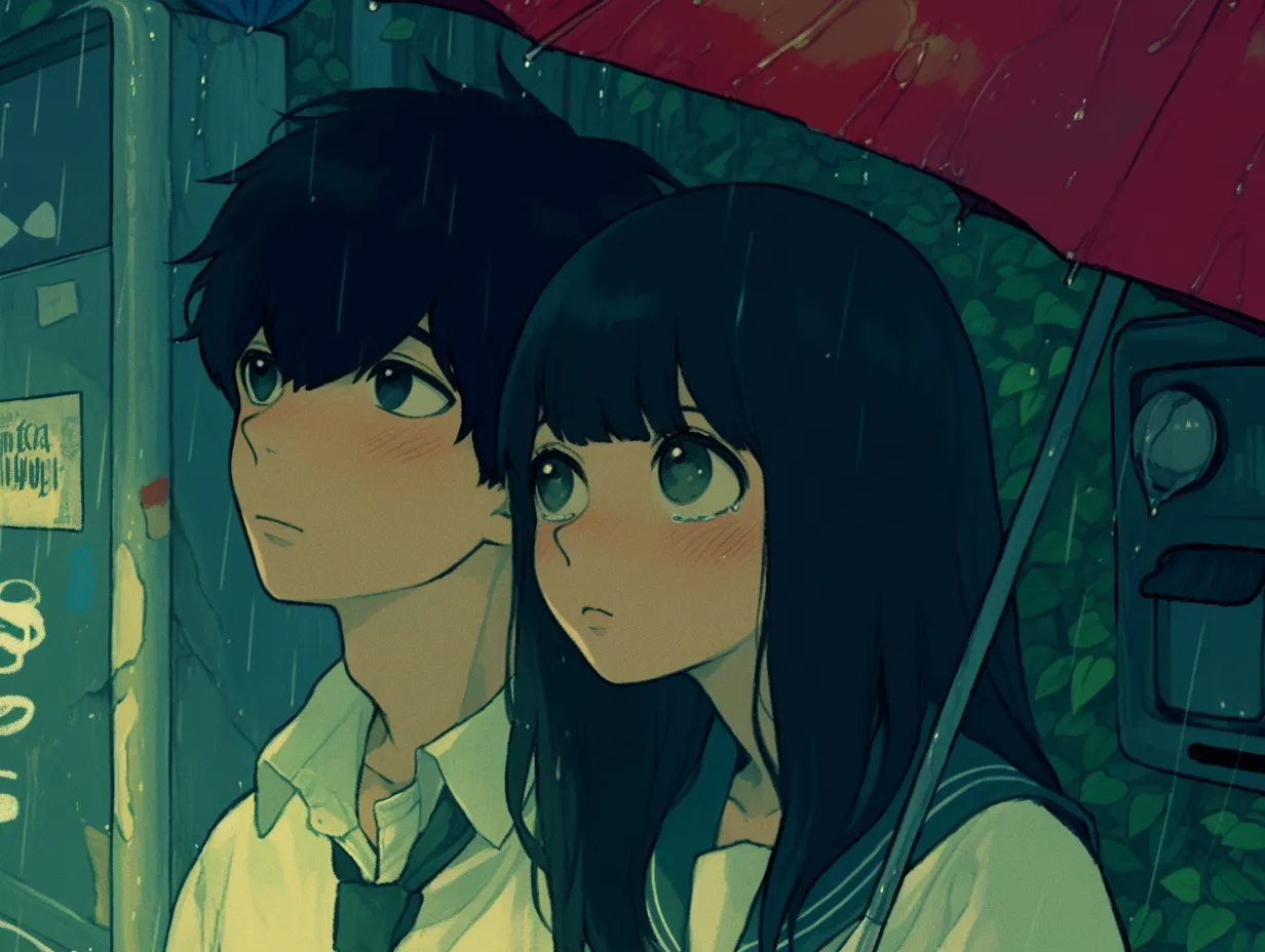 エモい青春と放課後の雨｜傘の下に寄り添う制服姿の二人が描かれたシーン。雨粒と街の明かりが情緒を強調し、エモい青春の繊細な空気感を伝える素材として広告や小説表紙に最適です。