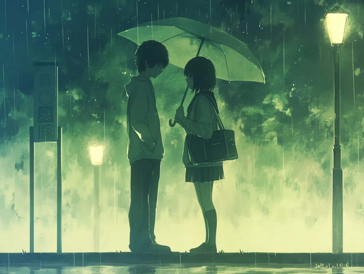 エモい青春と雨のバス停｜雨のバス停で向き合う二人を逆光と街灯が浮かび上がらせる構図。緑がかったトーンが幻想的で、エモい青春の淡い感情を演出するビジュアルに使いやすい素材です。