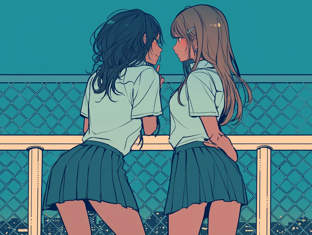 エモい青春と校舎の屋上｜フェンス越しの屋上で見つめ合う女子二人を描いた構図。夜景と制服の対比が印象的で、エモい青春を象徴する素材として青春映画やSNS用ビジュアルに向きます。