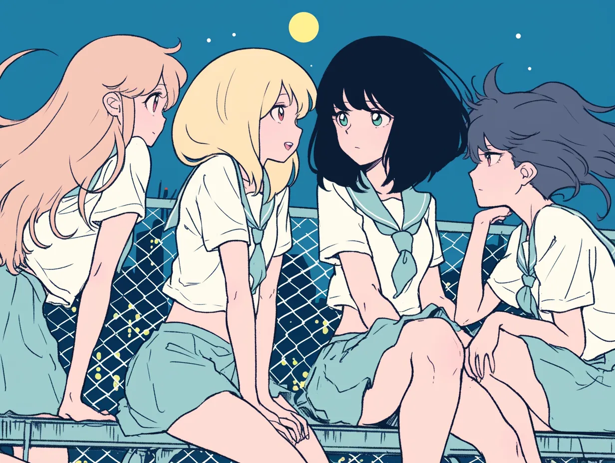エモい青春を語らう放課後｜校舎屋上に集まる四人の女子が談笑する場面を鮮やかな色使いで描写。エモい青春の軽やかさが表現され、学生生活をテーマにした広告や書籍挿絵に活用可能です。