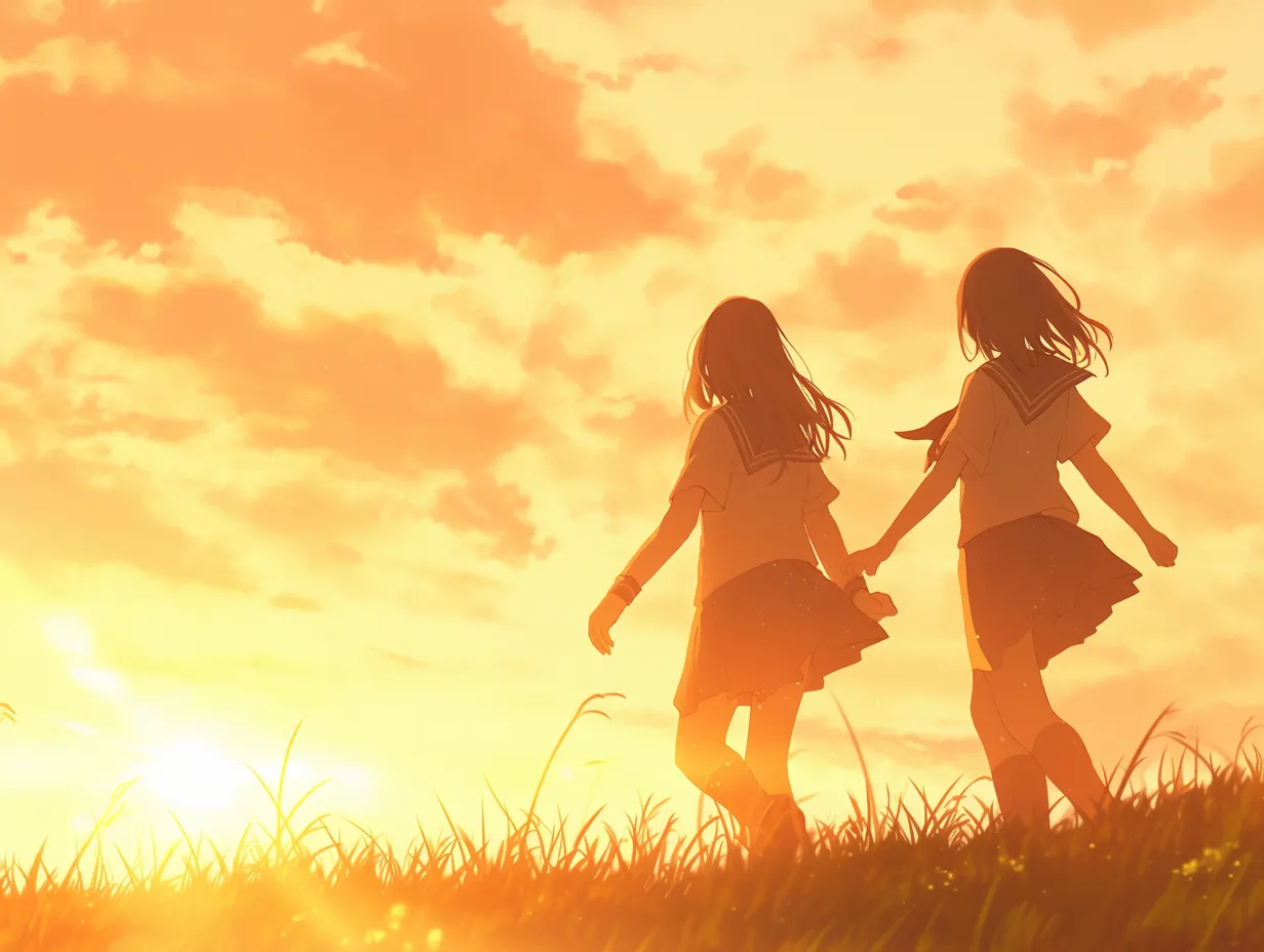 エモい青春と夕暮れの並走｜赤く染まる夕暮れの草原を手をつないで歩く女子二人の後ろ姿。逆光が柔らかに広がり、エモい青春の無垢さと未来への期待を感じさせる素材として適しています。