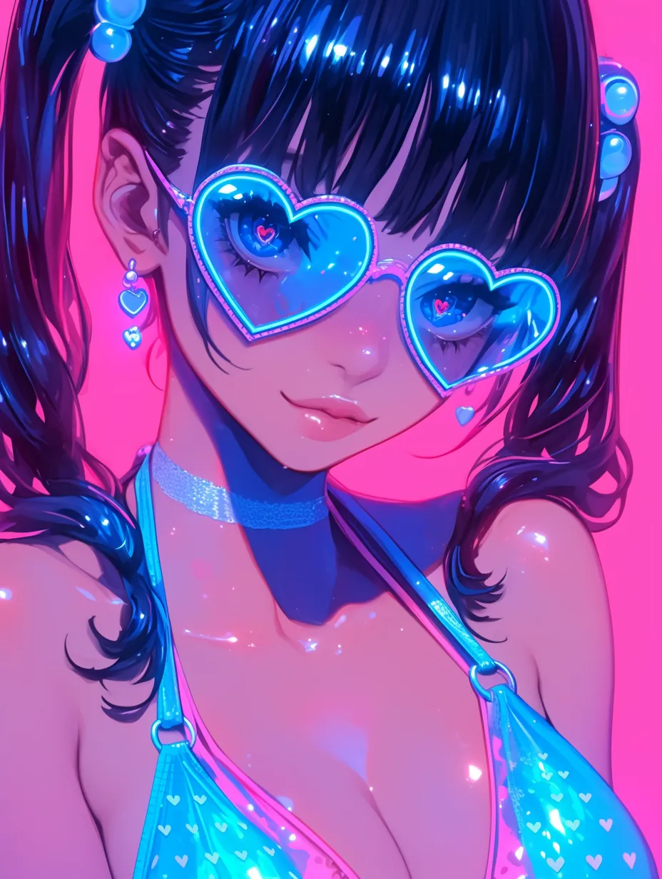 Y2Kハートサングラスの女の子｜鮮やかなピンクとブルーで描かれたY2Kスタイルの女の子。ハート型のサングラスと光沢ある質感が映え、ネオンライティング風の華やかさが特徴。広告やファッション系素材に適しています。