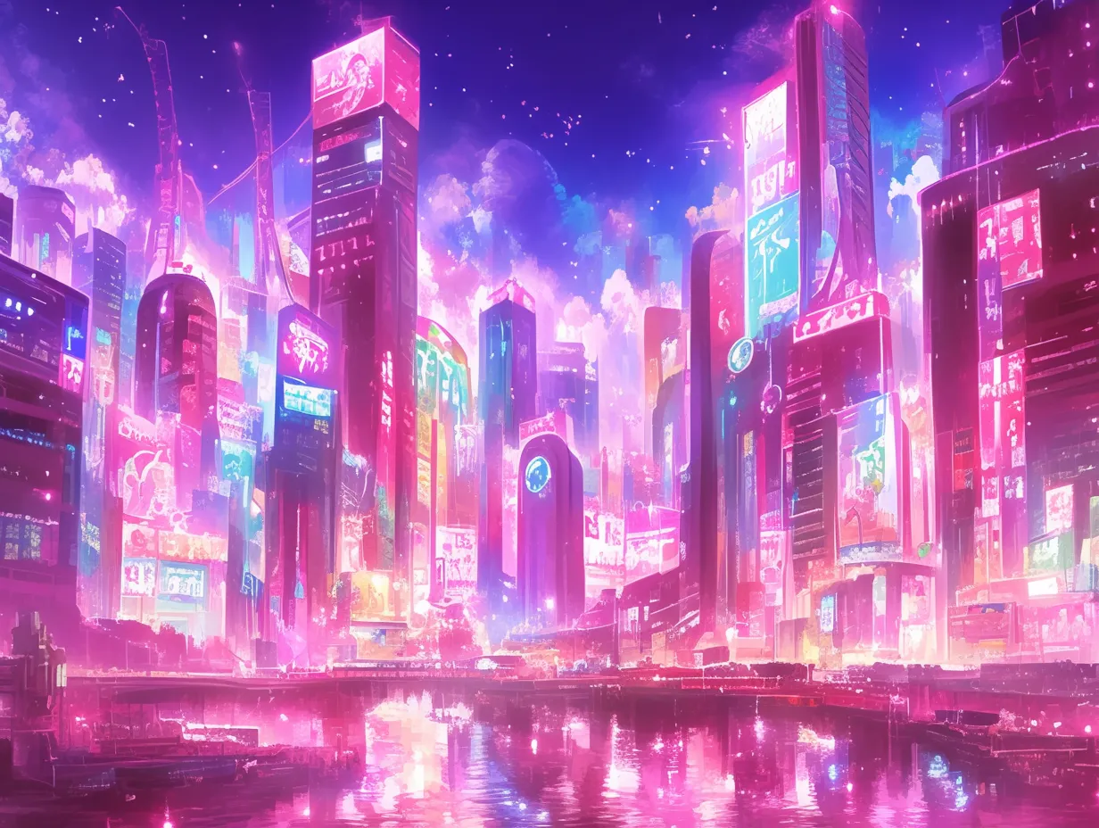 Y2Kネオンシティの夜景｜無数のネオンライトで彩られたY2K風の未来都市。きらびやかな色彩と幻想的な街並みが、視覚的に強い印象を与える構図です。ポスターやイベント告知などに活用しやすいデザインです。
