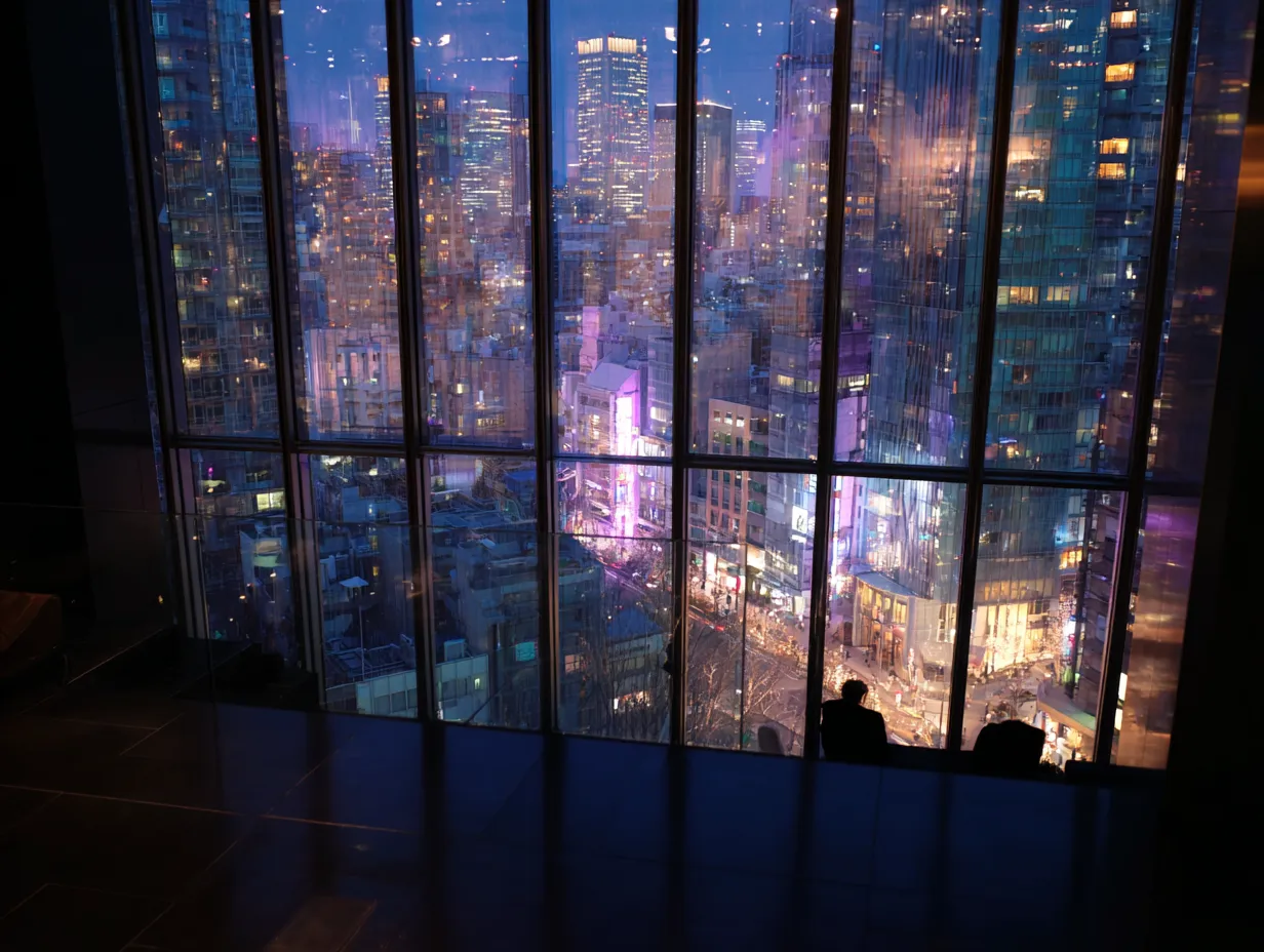窓辺に座る人物のエモいおしゃれ画像｜紫や青の光が広がる都会の夜景と室内の影が対比し、幻想的な雰囲気を演出しています。エモいおしゃれ画像としてホテルや商業施設のPRに使えば高級感を伝えられます。
