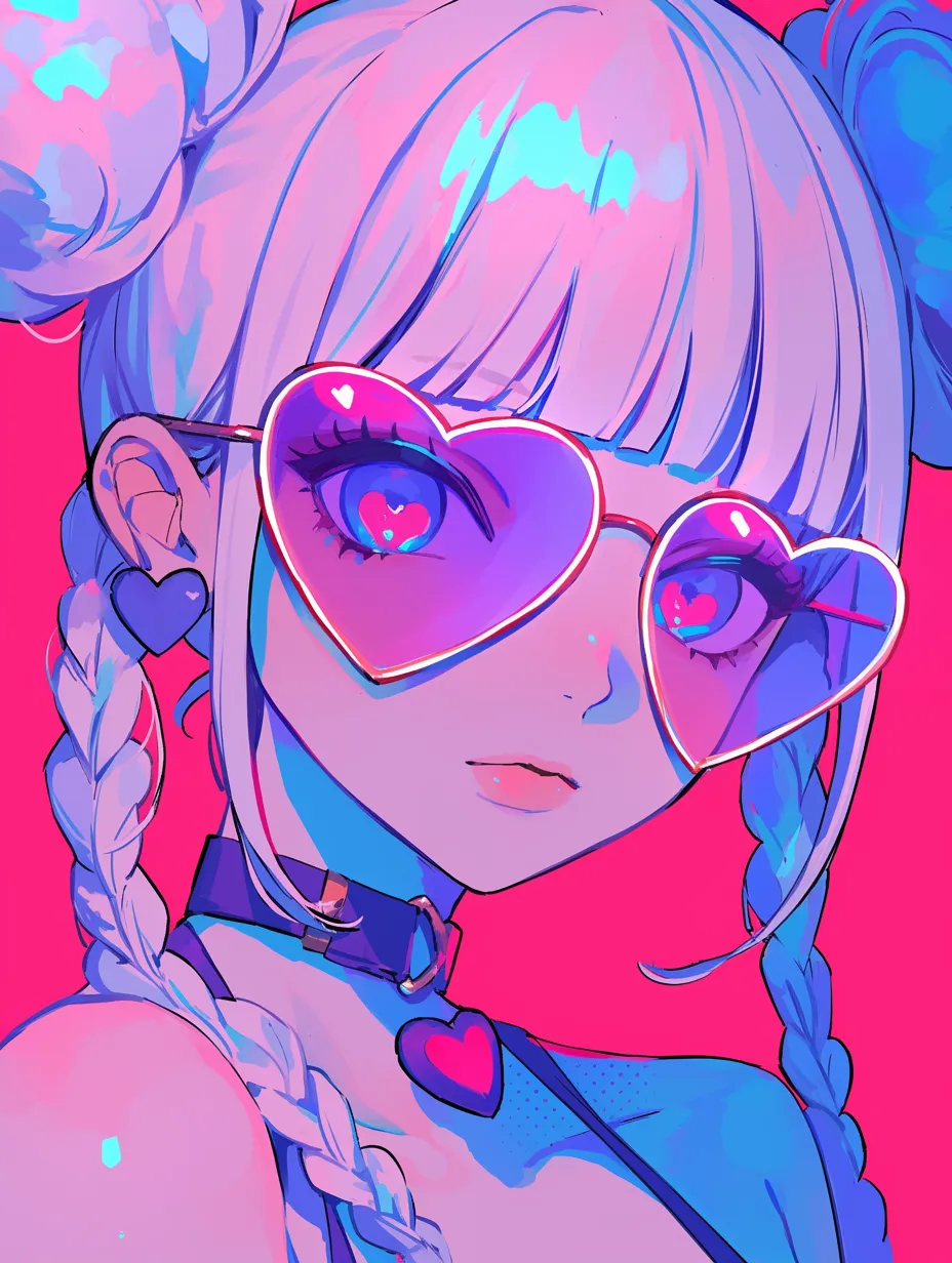 Y2Kギャルとハートサングラス｜ネオンピンクとブルーの強烈なコントラストで描かれたY2Kギャル。ハート型のサングラスと編み込みヘアが特徴で、ファッション広告や音楽系ビジュアルに適しています。