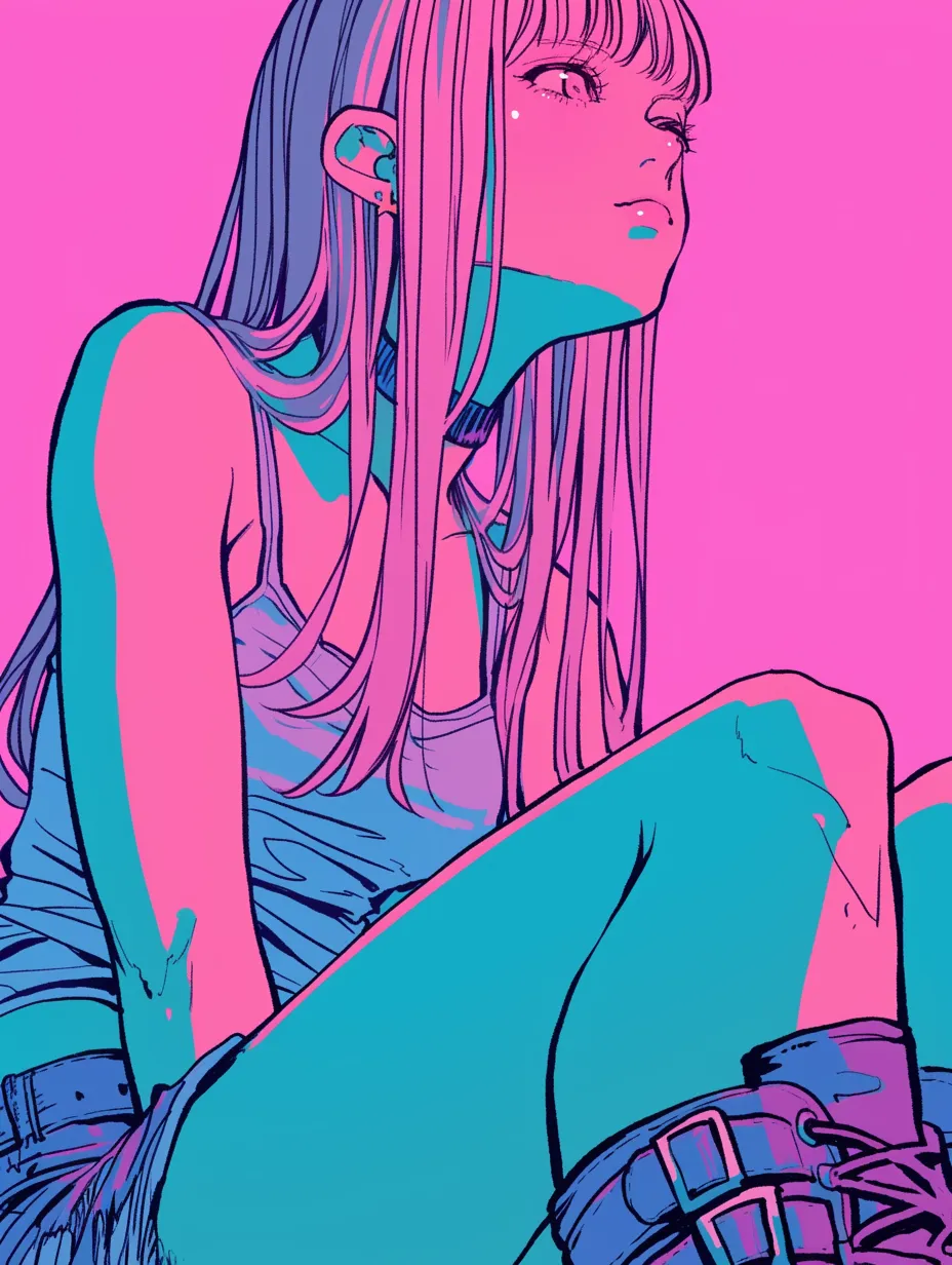 Y2Kギャルとネオンピンクの視線｜ピンクとシアンの大胆な色使いで描かれたY2Kギャル。ラフな服装と力強い視線が特徴で、ストリート感ある広告やビジュアルにぴったりです。