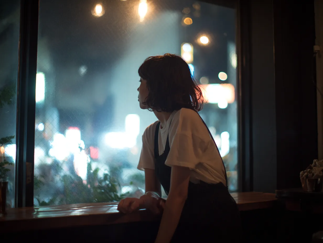 窓辺に寄りかかる女性のエモいおしゃれ画像｜夜の光に照らされる人物が窓辺に佇み、都会的で静かな空気感を強調しています。エモいおしゃれ画像としてライフスタイル広告や音楽関連の素材に適した表現です。