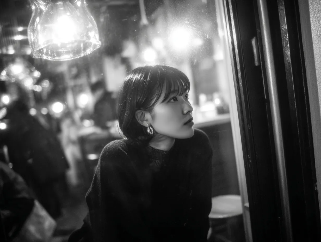 夜のカフェの女性のエモいおしゃれ画像｜照明に照らされる横顔と背景のボケ感が印象的で、ロマンチックな空気を演出しています。エモいおしゃれ画像としてSNS広告や雑誌素材で感性的な魅力を強調できます。