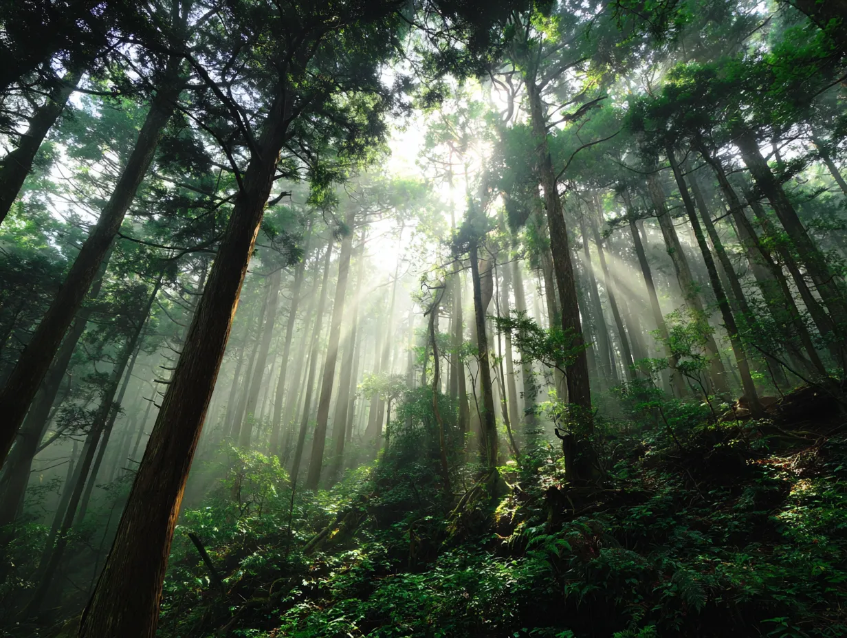 霧の森に広がるエモい風景｜森全体を包み込む霧と柔らかな光が幻想的で、神秘的な雰囲気を引き立てています。エモい風景としてエコツーリズムや自然保護関連のビジュアルに最適です。