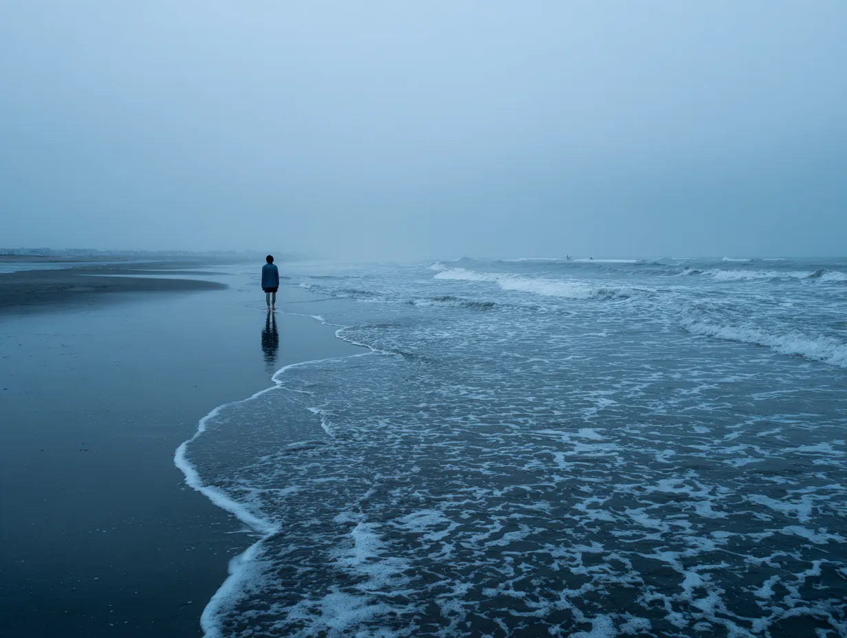 浜辺を歩く人のエモい画像｜青みがかった色調で広がる砂浜に小さく立つ人物が描かれ、幻想的でミニマルな世界観を持っています。エモい画像としてSNS用のビジュアルやデザイン背景に最適で、静謐な空気感を伝えます。